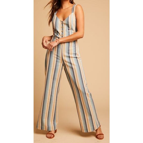 Knot Sisters Lana Jumpsuit linen blend small natural blue stripe zipper side - Picture 5 of 10
